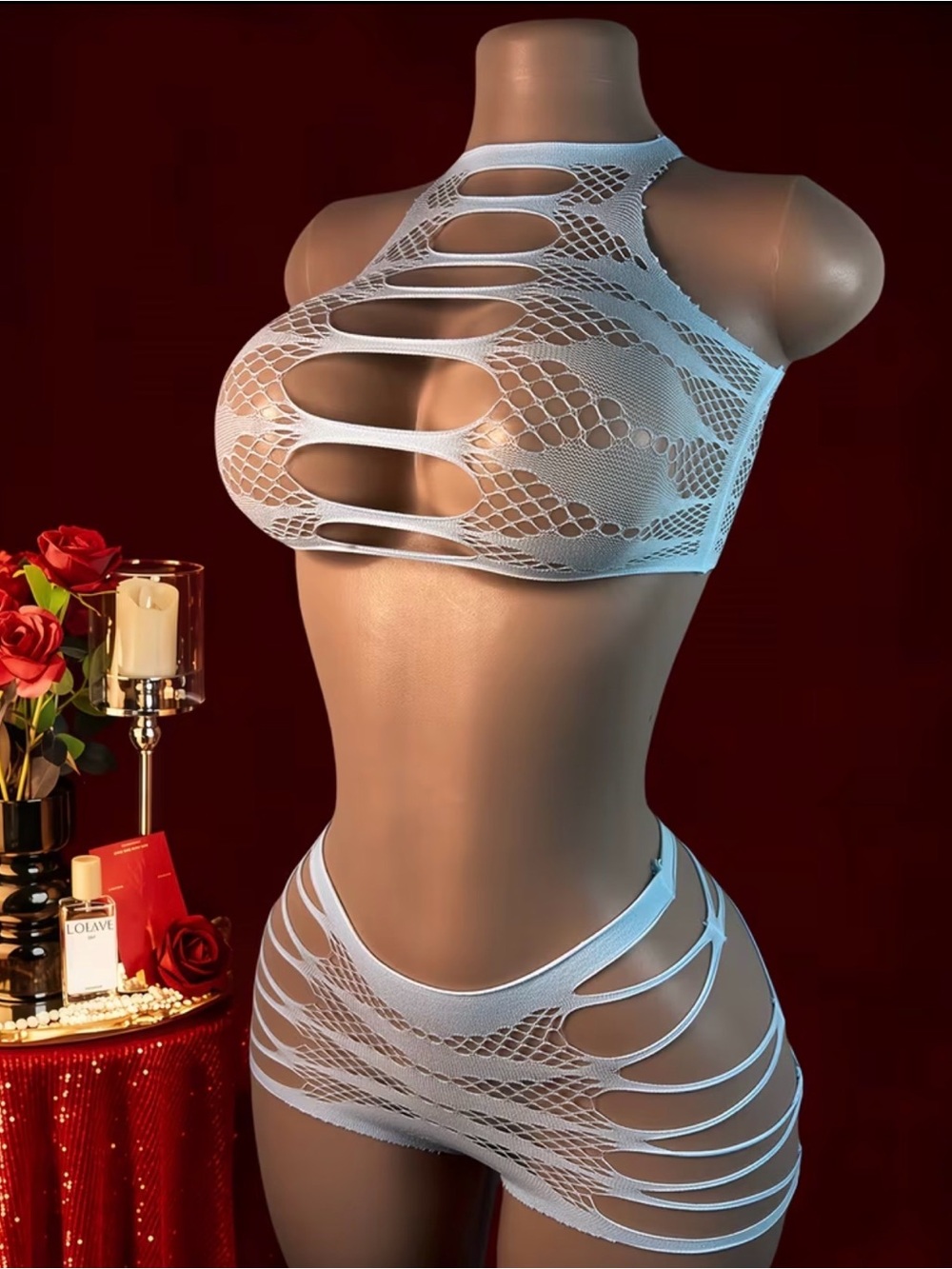 Openwork Cutout Fishnet Halter Bralette & Short Set - White